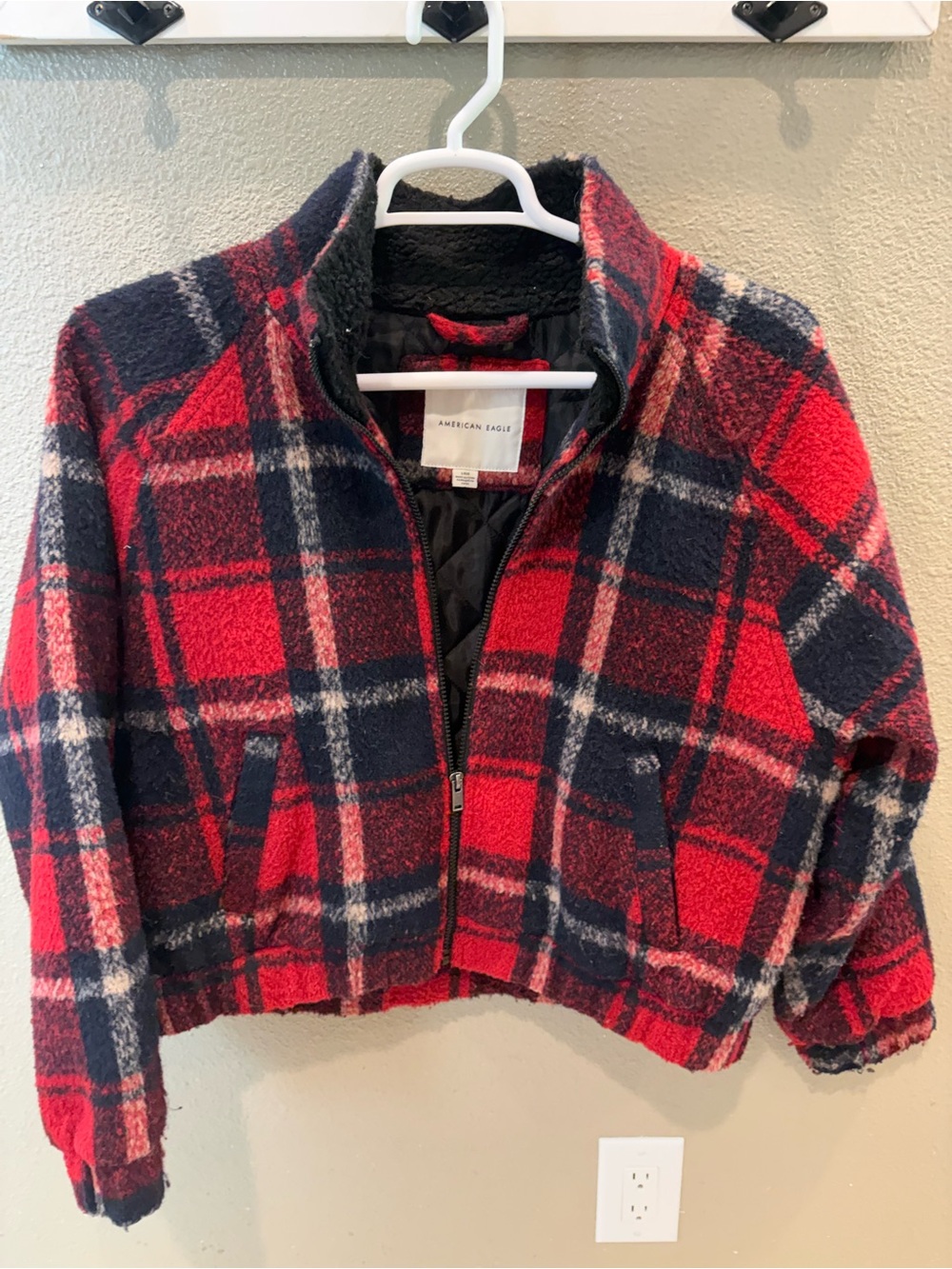 American Eagle Red & Navy Plaid Sherpa-Lined Jacket